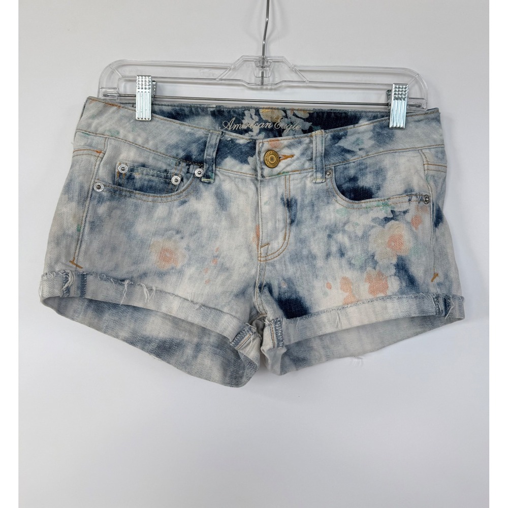 American Eagle Tie Dye Floral Denim Shorts Womens Size 4 Blue White Low Rise